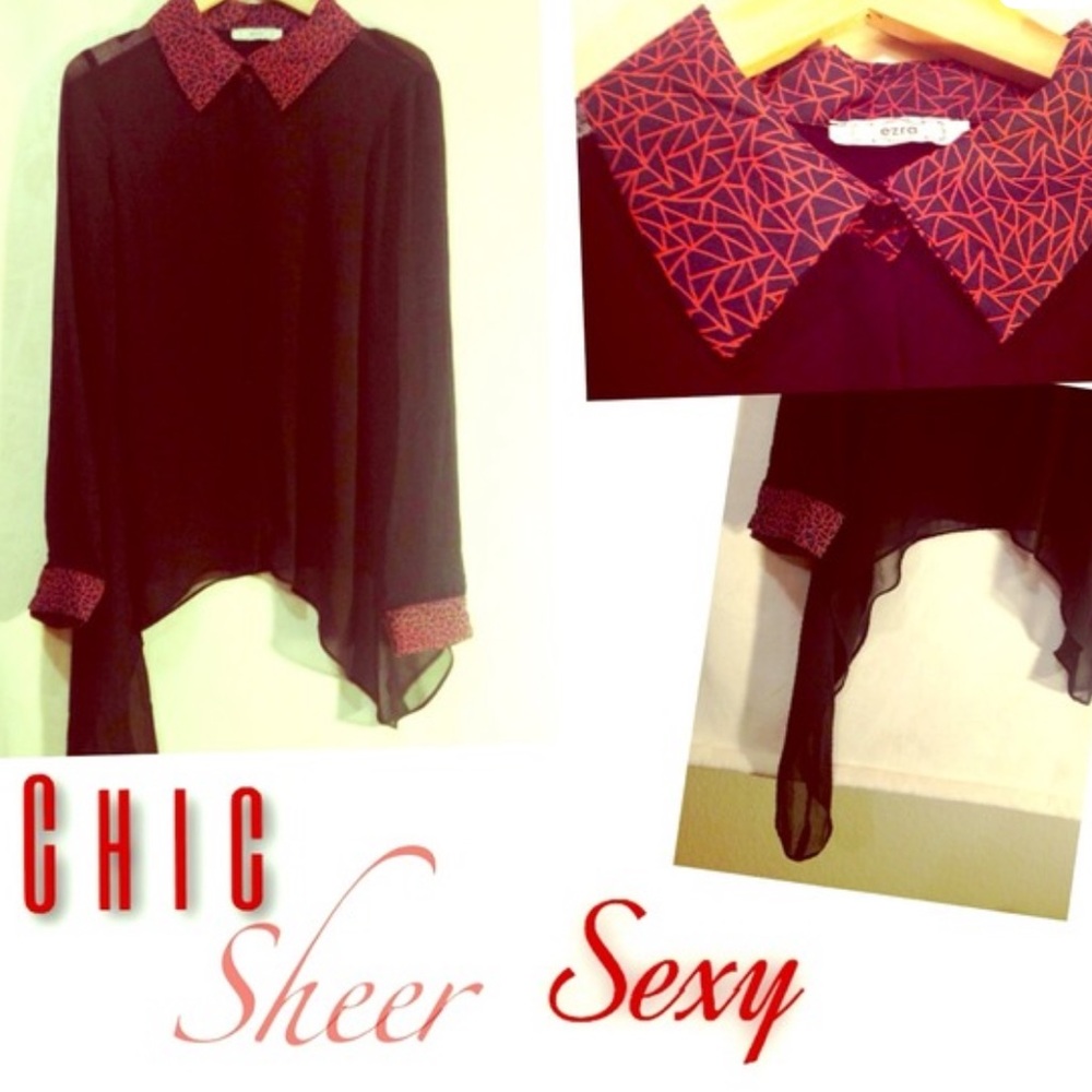 Ezra Black Sheer Blouse with Red Accents